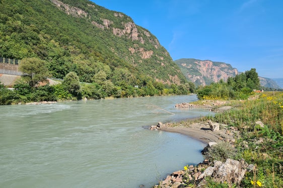 Orographgisch linkes Ufer der Etsch bei Pfatten: Die unregelmäßig angelegte Uferlinie mit Schotterbänken und Totholzelementen bietet Reptilien, Amphibien und Vögeln Unterschlupf. (Foto: LPA/Landesamt für Wildbach- und Lawinenverbauung Süd)