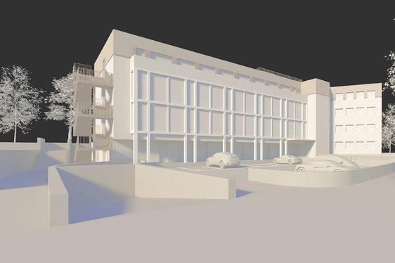 Il modello dell'edificio del Distretto socio-sanitario Merano e Circondario sopraelevato di un piano, visto da via Roma 3 a Merano. (Foto: ASP/Ripartizione edilizia)