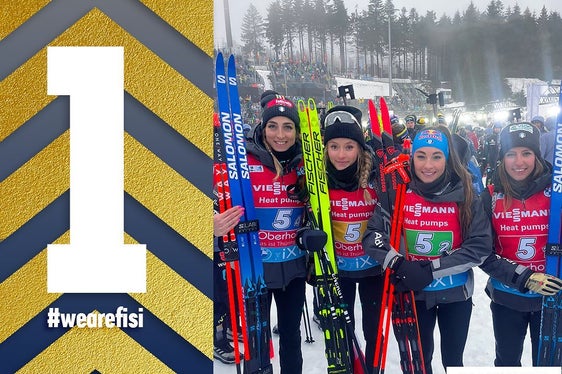 La staffetta femminile azzurra campionessa del mondo di biathlon: da sinistra Lisa Vittozzi, Hannah Auchentaller, Dorothea Wierer e Samuela Comola (Foto: FISI Federazione Italiana Sport Invernali)