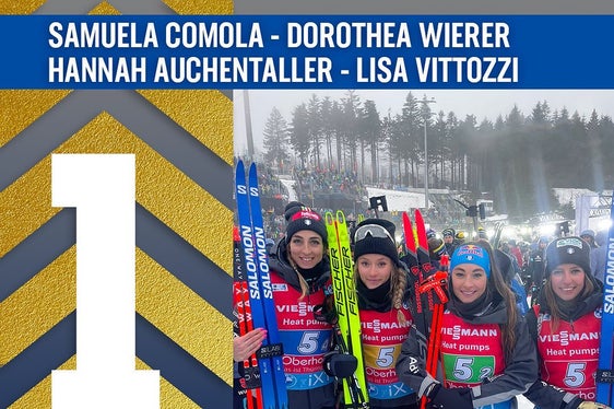 Staffel-Gold für Italien bei der Biathlon-Weltmeisterschaft mit zwei Südtirolerinnen: (v.l.) Lisa Vittozzi, Hannah Auchentaller, Dorothea Wierer und Samuela Comola (Foto: FISI Federazione Italiana Sport Invernali)