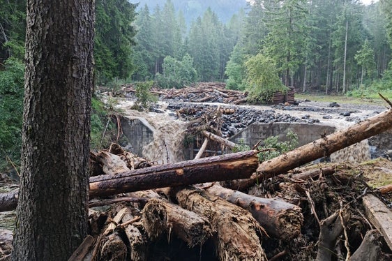 La foto scattata oggi mostra il deposito di materiale nel bacino di ritenzione del torrente Frötschbach all'entrata del paese di Siusi (foto: vigili del fuoco volontari).