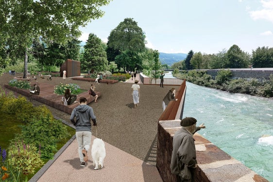 So werden die Rappanlagen in Brixen nach der Aufweitung des Flusses unterhalb der Adlerbrücke aussehen: gut sichtbar der auskragende Gehsteig und die Terrasse im Zentrum. (Rendering: Landesamt für Wildbach- und Lawinenverbauung Nord)