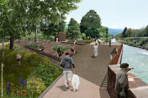 Rendering dei lavori per la valorizzazione delle rive del fiume a Bressanone a valle di Ponte Aquila (Fonte: Ufficio sistemazioen bacini montani Nord)