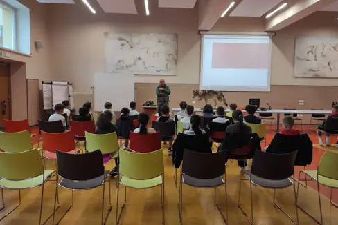 Schülerinnen und Schüler von vier Klassen der Grundschule Don Milani in Bozen erfuhren beim Vortrag von Alberto Palmarin von der Dienststelle für Wildtiermanagement Süd viel über den Wolf und seinen Lebensraum. (Foto: LPA)