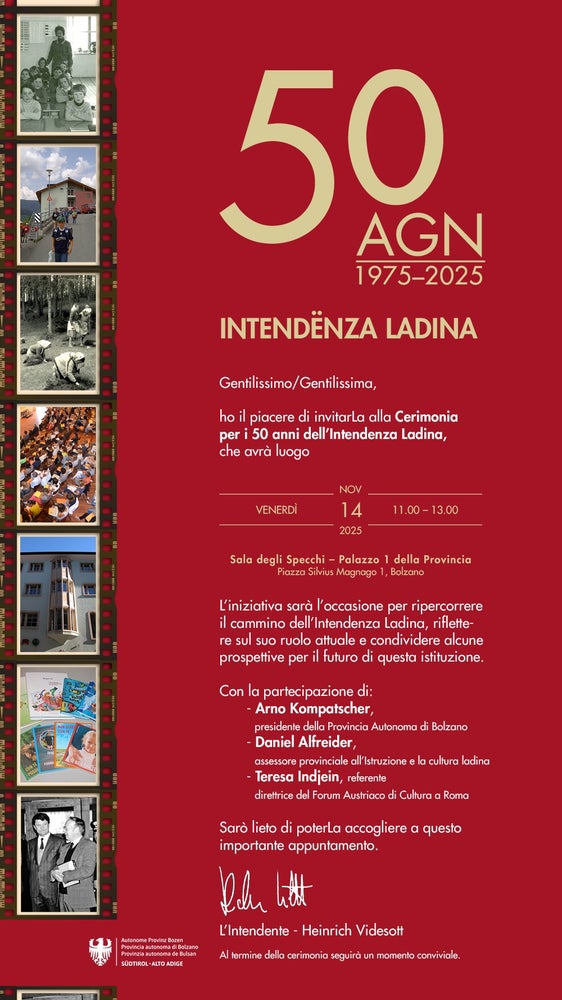 Il 14 novembre alle 11, nella Sala degli Specchi di Palazzo Widmann, è in programma una cerimonia per i 50 anni dell'Intendenza ladina (Foto: Direzione Istruzione, Formazione e Cultura ladina)