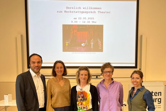 Sind sich der Bedeutung des Theaters für Kultur und Gesellschaft einig: Landesrat Philipp Achammer, Amtsdirektorin Angelika Gasser, Werkstattgespräch-Moderatorin Christine Helfer, Dramaturgin Maxi Obexer und Katarína Kovácová, Mitarbeiterin des Amtes für Kultur. (Foto: LPA/Nicole Abler)