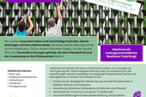 Die Eusalp zeichnet 2023 zum zweiten Mal grüne wirtschaftliche Infrastrukturprojekte aus. Um den Green Infrastructure Goes Business Award kann man sich bis 31. Jänner bewerben.