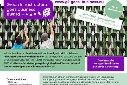 Die Eusalp zeichnet 2023 zum zweiten Mal grüne wirtschaftliche Infrastrukturprojekte aus. Um den Green Infrastructure Goes Business Award kann man sich bis 31. Jänner bewerben.