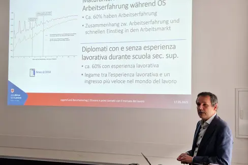 Il direttore del Servizio Mercato del lavoro, Stefan Luther, illustra dati e analisi dello studio Giovani e primi contatti con il mercato del lavoro (Foto: ASP/mdg)