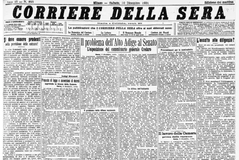 La questione altoatesina sulla prima pagina del Corriere della sera del 10 dicembre 1921 (Foto: Euregio)