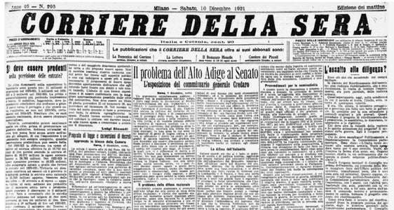 Die Südtirolfrage auf der Titelseite des Corriere della sera vom 10. Dezember 1921 (Foto: Euregio)