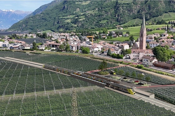 Rendering der Variante Terlan für den Ausbau der Bahnlinie Bozen-Meran. Das Rendering zeigt einen möglichen Verlauf in der Dorfnähe von Terlan. (Rendering: LPA/Ressort für Infrastrukturen und Mobilität).