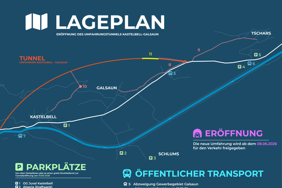 Eröffnung der neuen Umfahrung Kastelbell-Galsaun am 6. Juni: Die Feier kann mit den öffentlichen Verkehrsmitteln, mit dem Rad, zu Fuß oder mit dem Auto erreicht werden. (Foto: LPA/Ressort Infrastrukturen und Mobilität)