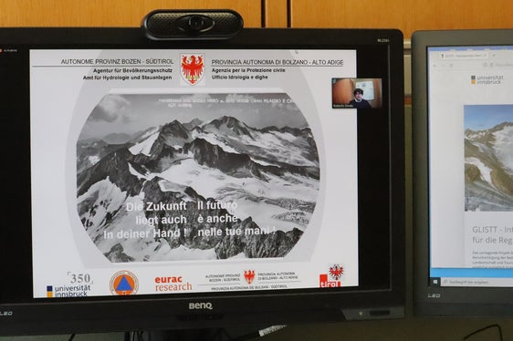 Bewusstseinsbildung: Mit der Ausstellung Goodbye Glaciers wurden über 20.000 Besucherinnen und Besucher erreicht, die sich über Vergangenheit, Gegenwart und Zukunft der Gletscher informierten; im Bild eine Momentaufnahme der heutigen Videokonferenz. (Foto: Agentur für Bevölkerungsschutz/Maja Clara)