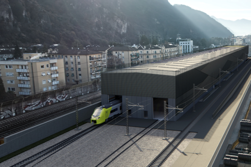 Auf dem Foto ist das Rendering des neuen Zugwartungszentrums in Bozen Süd zu sehen. Die technischen Merkmale sowie die entsprechenden Ausgaben von der Landesregierung wurden am 8. Mai genehmigt. Das Bauwerk wird südlich des Bahnhofs Bozen errichtet, an einer strategischen Position für das gesamte Eisenbahnsystem des Landes. (Quelle: LPA/ Ressort Infrastrukturen und Mobilität)