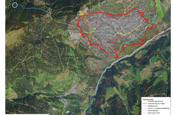 Das vom Landesforstdienst in Absprache mit Grundeigentümern und Gemeinden erstellte Integralprojekt nach dem Waldbrand in Prad und Stilfs (Quelle: Forstinspektorat Schlanders)