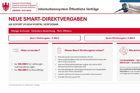 Die Grafik erläutert die wichtigsten Elemente und die Vorgehensweise der neuen Funktion Smart-Direktvergabe. Die Funktion ist ab sofort im ISOV-Portal verfügbar und vereinfacht die Abwicklung von Direktvergaben unter und über 5.000 Euro. (Quelle: LPA)
