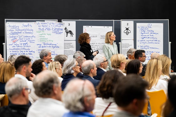 In Arbeitsgruppen beschäftigen sich die Teilnehmenden beim Führungskräftetag der Landesverwaltung mit zentralen Zukunftsfragen wie gemeinsamen Zielen, New Work und der Attraktivität der Landesverwaltung als Arbeitgeber. (Foto: LPA/Manuela Tessaro)