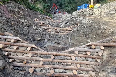 Die Wildbachverbauung hat im Schiedmanngraben Holzkrainerwände errichtet: Eine Krainerwand besteht aus einer Gitterstruktur aus Holz oder anderen belastbaren Baustoffen, in die ein Füllstoff wie Erde oder Schotter geschüttet wird. Krainerwände werden begrünt, um ihnen durch das Wurzelwerk zusätzliche Festigkeit zu geben. Die Bezeichnung geht auf die slowenische Landschaft Krain zurück. (Foto: LPA/Landesamt für Wildbach- und Lawinenverbauung Nord in der Agentur für Bevölkerungsschutz)