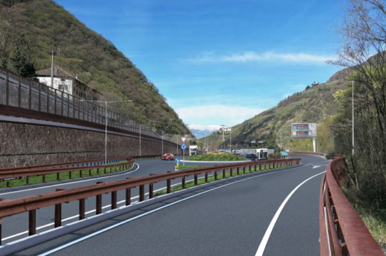 So wird der künftige Kreisverkehr an der Autobahnausfahrt Bozen Nord aussehen (Ansicht von Osten).(Rendering: LPA/Landesamt für Landesplanung)