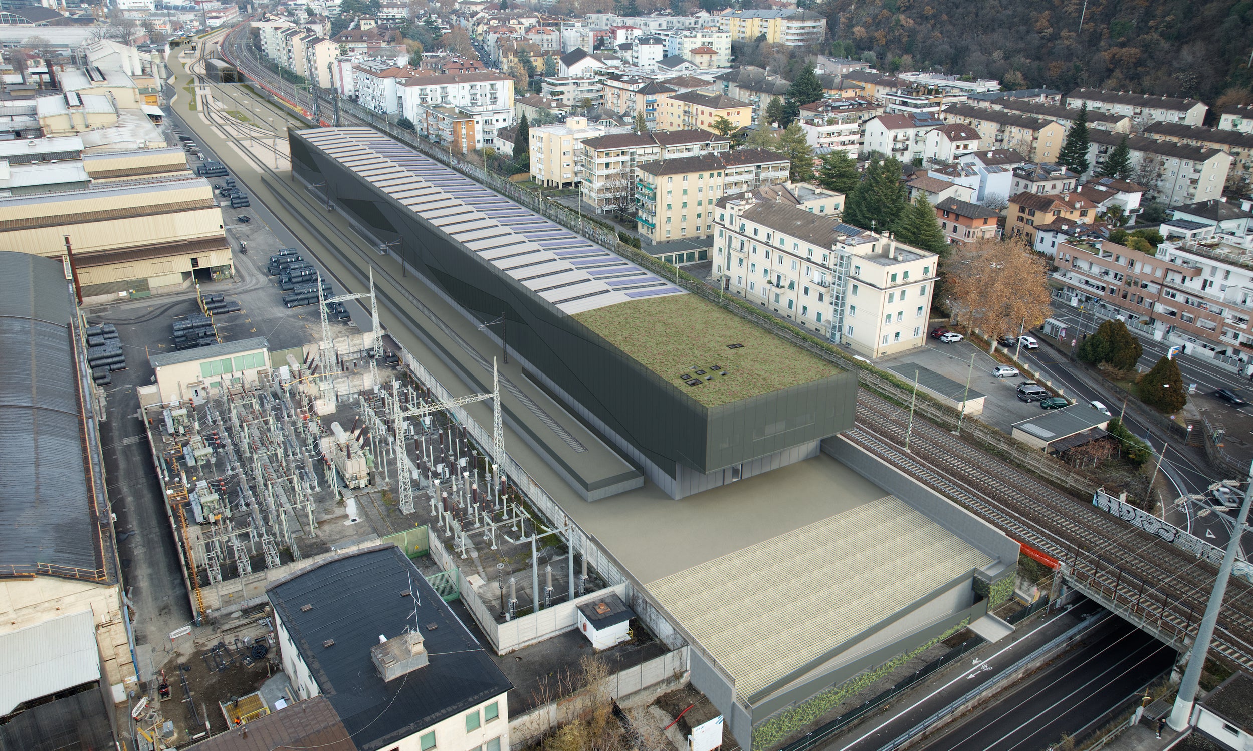 Un secondo rendering del nuovo polo di manutenzione a Bolzano Sud, accanto alla ferrovia e nei pressi del quartiere Oltrisarco. (Fonte immagine: USP/Dipartimento Infrastrutture e Mobilità)