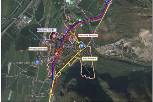 La deviazione locale attraverso il paese di Bronzolo che sarà in vigore da venerdì 21 (ore 19) a sabato 22 luglio (ore 12). (Foto: ASP/Ufficio tecnico strade centro sud)