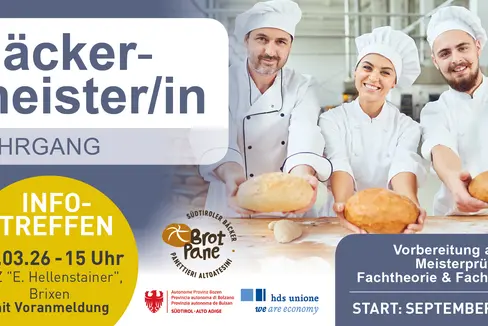 Der neue Vorbereitungslehrgang zur Bäckermeisterprüfung startet im Herbst. Ein Info-Treffen dazu findet am 24. März in Brixen statt. (Flyer: Landesamt für Lehrlings- und Meisterausbildung)