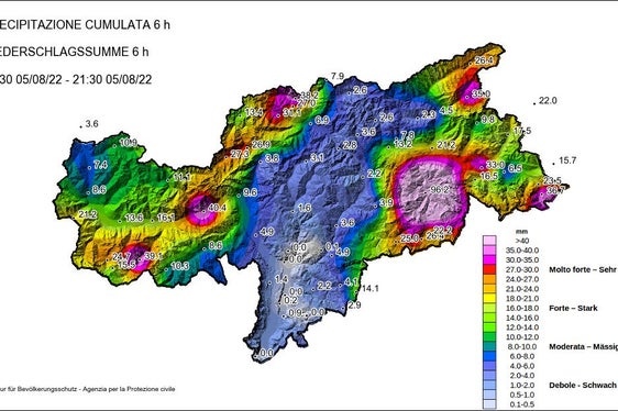 La mappa delle precipitazioni nelle sei ore tra le 15.30 e le 21.30: clamoroso il dato della zona orientale della provincia (Foto: LPA/Agentur für Bevölkerungsschutz)