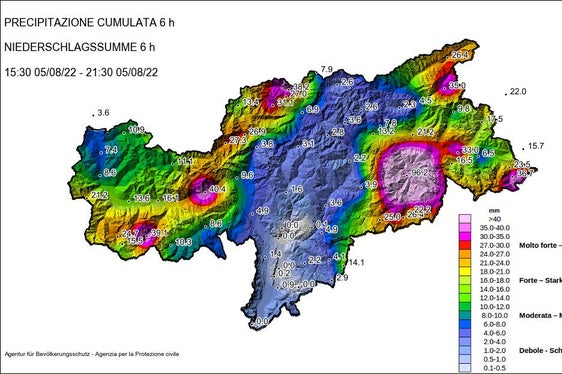 La mappa delle precipitazioni nelle sei ore tra le 15.30 e le 21.30: clamoroso il dato della zona orientale della provincia (Foto: ASP/Agenzia per la Protezione civile)