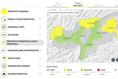 Domani (martedì 22 novembre) in Alto Adige sono previste le prime nevicate in fondovalle. (Foto: Centro funzionale provinciale dell'Agenzia per la protezione civile dell’Alto Adige)