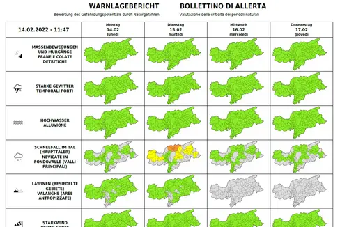 Questa sera in Bassa Atesina sono previste precipitazioni che di notte interesseranno la gran parte del territorio altoatesino. (Fonte: Bollettino d'allerta emesso dal Centro funzionale provinciale dell'Agenzia per la Protezione civile)