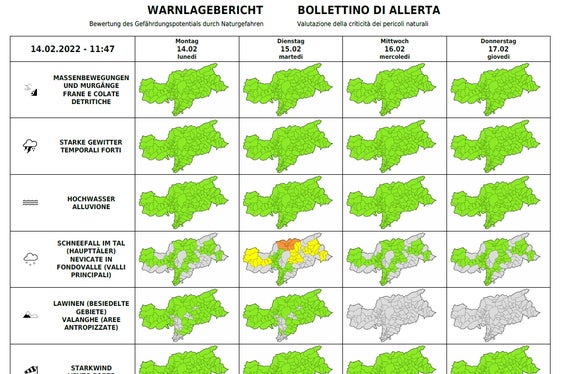 Questa sera in Bassa Atesina sono previste precipitazioni che di notte interesseranno la gran parte del territorio altoatesino. (Fonte: Bollettino d'allerta emesso dal Centro funzionale provinciale dell'Agenzia per la Protezione civile)