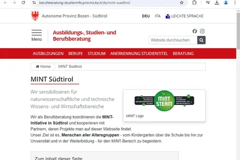 La homepage realiseda da nuef dëssa funziuné da plataforma zentrela per informazions de prupostes-MINT, abiné nfurmazions che reverda ciamps prufesciunei, prupostes per sculées y sculeies, tlasses, nseniantes y nsenianc, prupostes MINT spezificamënter per mutans y prupostes per uni età. (Foto: USP)