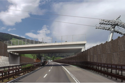 So sollen die zwei neuen Lärmschutzwände aussehen: Die Lärmschutzwand „Tschöfs Nord 2“ (rechts im Bild) wird entlang der nördlichen Fahrbahn der Autobahn errichtet und eine Gesamtlänge von 588 Metern aufweisen, die Lärmschutzwand „Tschöfs Süd 3“ (links im Bild) entlang der Südspur der Brennerautobahn eine Gesamtlänge von 593 Metern. (Rendering: Brennerautobahn AG)