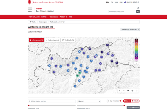 Das neue Wetterportal: die Wetterstationen im Tal (Screenshot)