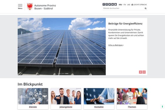 L'amministrazione provinciale ha una nuova home page. La nuova pagina di ingresso offre alle cittadine e ai cittadini un accesso facile e veloce a informazioni, dati e servizi importanti e fornisce risposte alle domande più frequenti. (Foto: ASP)