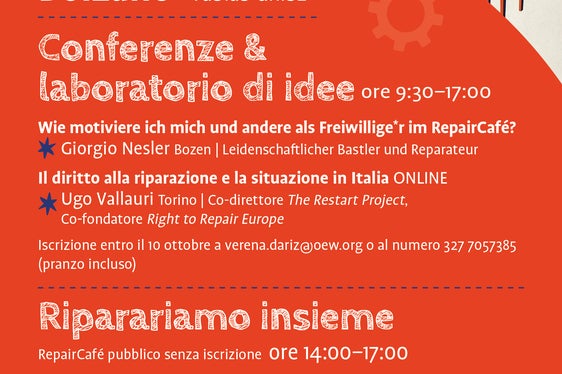 Il flyer sull'incontro di networking a tema Repair Café, che si terrà in occasione della Giornata internazionale della riparazione, il 17 ottobre al Fablab unibz a Bolzano. (Foto: USP/APPA/OEW/Fablab unibz)