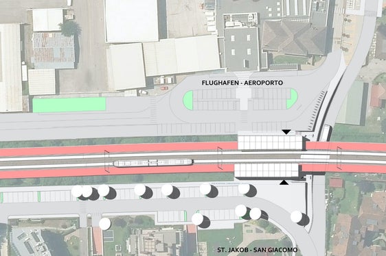 An der neuen Bahnhaltestelle St. Jakob soll es zwei Bahnsteige jeweils mit Warteraum und Fahrkartenschalter geben. (Skizze: LPA/Mobilitätsressort des Landes)