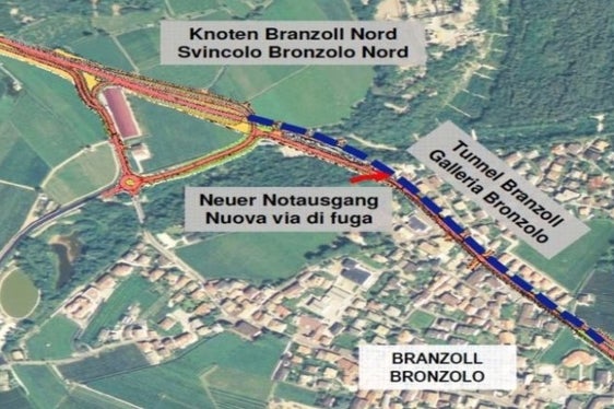 Il tracciato della nuova variante di Bronzolo per la cui costruzione è stata pubblicata la nuova gara d'appalto. (Foto: ASP/Ripartizione Infrastrutture)