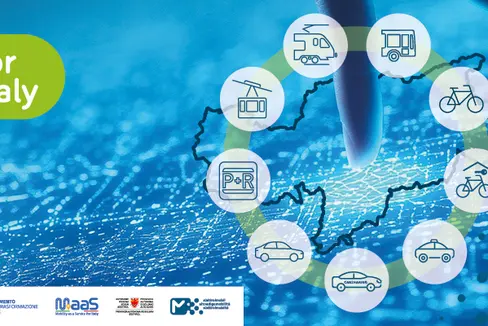 Beim Projekt MaaS for Italy - Mobility as a Service (im Bild das Logo) wird in Südtirol eine neue App bereit gestellt, über die Bürgerinnen und Bürger, aber auch Unternehmen Fahrten mit verschiedenen Verkehrsmitteln auf dem Smartphone planen und buchen können. (Foto: LPA)