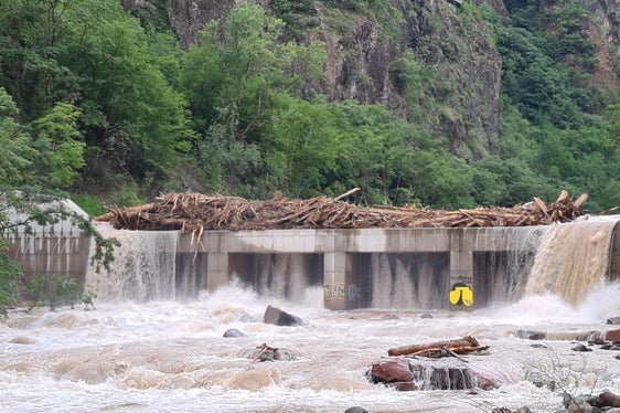 Legname trattenuto dalle opere di protezione idrauliche nel Talvera alla Sill di Bolzano. (Foto: Protezione civile/Vigili del fuoco)