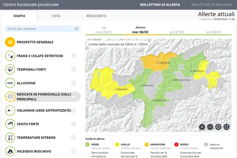 Dal pomeriggio odierno (5 marzo) e fino a mezzogiorno di mercoledì, è previsto il livello arancione nel bollettino di allerta del Centro Funzionale provinciale. Nevicate attese anche a fondovalle, massima prudenza sulle strade della provincia di Bolzano. Nell'immagine il report stilato dal Centro Funzionale provinciale (Foto: ASP/Centro funzionale provinciale)