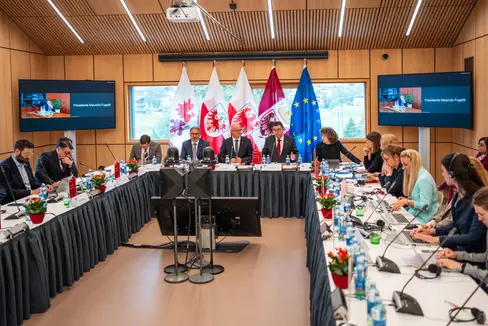 Bei den Sitzungen von Euregio-Vorstand und Euregio-Versammlung sprachen die Teilnehmenden darüber, wie die gemeinsame digitale Schulplattform aussehen könnte. (Foto: Land Tirol/Fitsch)