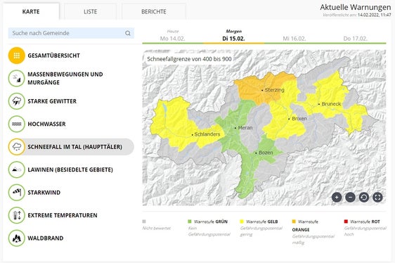 Für das Wipptal, Sterzing und Brenner gilt morgen die Warnstufe Orange, für den Vinschgau und das Pustertal die Warnstufe Gelb. (Quelle: Warnlagebericht des Landeswarnzentrums in der Agentur für Bevölkerungsschutz)