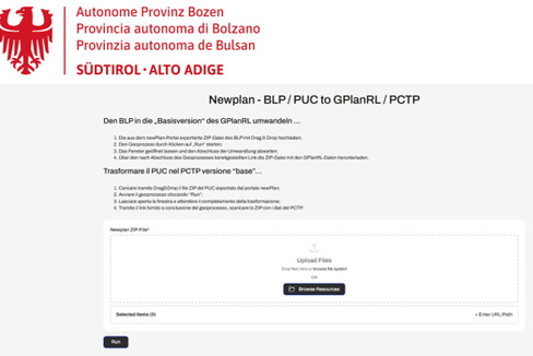 Ziel der neuen Anwendung BLP/PUC to GPlanRL/PCTP ist es, die Umwandlung der aus dem newPlan-Portal exportierten kartografischen Daten der Bauleitpläne (BLP) in eine erste Basisversion des neuen Gemeindeplans zu erleichtern. (Screenshot: Landesamt für Landesplanung und Kartografie)