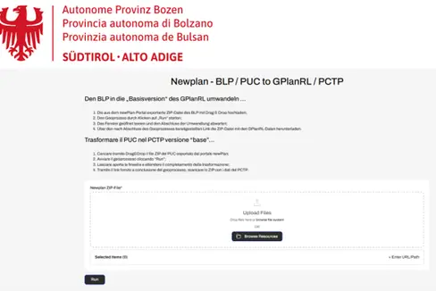 Ziel der neuen Anwendung BLP/PUC to GPlanRL/PCTP ist es, die Umwandlung der aus dem newPlan-Portal exportierten kartografischen Daten der Bauleitpläne (BLP) in eine erste Basisversion des neuen Gemeindeplans zu erleichtern. (Screenshot: Landesamt für Landesplanung und Kartografie)