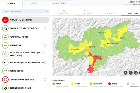 Livello rosso nel bollettino di allerta in alcuni comuni della Bassa Atesina e della Val d'Adige (Fonte: Bollettino di allerta del Centro funzionale provinciale dell'Agenzia per la protezione civile)