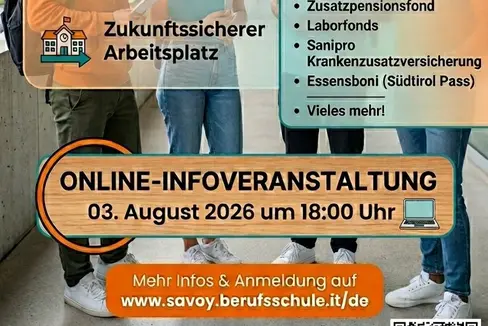 Die Landesberufsschule für das Gastgewerbe Savoy in Meran bietet ab dem Schuljahr 2026/2027 erstmals den neuen zweijährigen Ausbildungslehrgang zur Erlangung der Eignung als Schulsekretär beziehungsweise Schulsekretärin (VII. Funktionsebene) an.