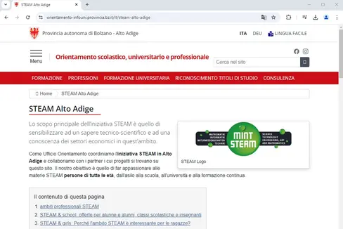 La homepage STEAM Alto Adige funge da piattaforma centrale per le informazioni sui programmi STEAM. (Foto: USP/Ufficio Orientamento scolastico, universitario e professionale)