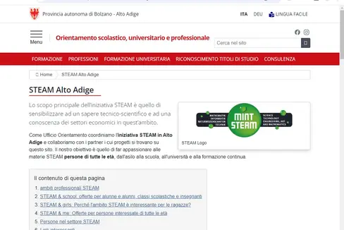 La homepage STEAM Alto Adige funge da piattaforma centrale per le informazioni sui programmi STEAM. (Foto: USP/Ufficio Orientamento scolastico, universitario e professionale)